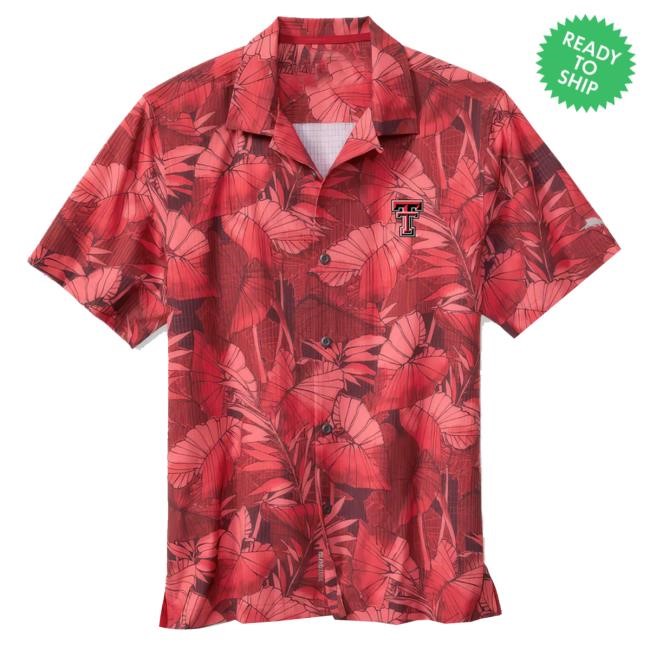 Official Redraideroutfitter Merch Tommy Bahama Texas Tech Sport Bahama Coast Nuevo Fronds Red Button Down Crewneck Sweatshirt