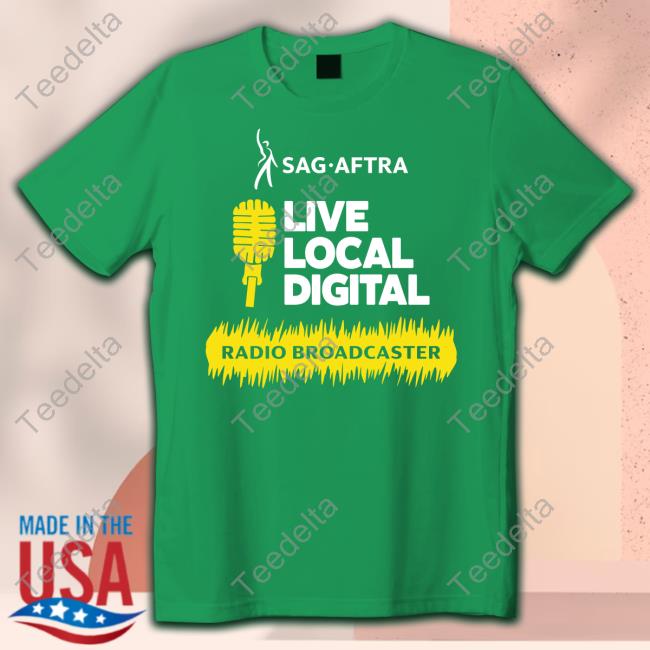 Carolyn Dunbar Wearing Sag-Aftra Live Local Digital Radio Broadcaster Tee Shirt